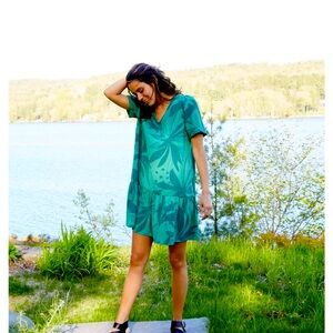 A New Day Green Floral Print V Neck Shift Dress, Short Sleeve Ruffle Hem, M